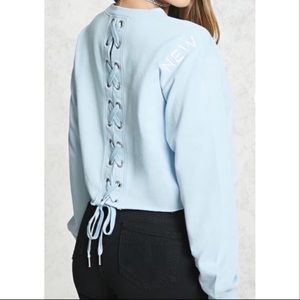 Forever21 Blue Cropped New York Embroidered Top